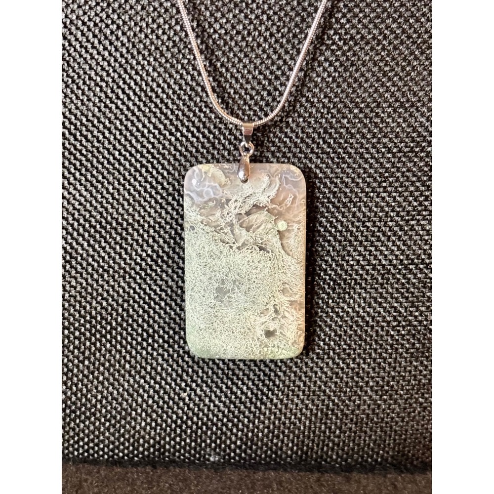 Moss Agate Pendant Necklace Stainless Steel Snake Chain Natural Stone Rectangle